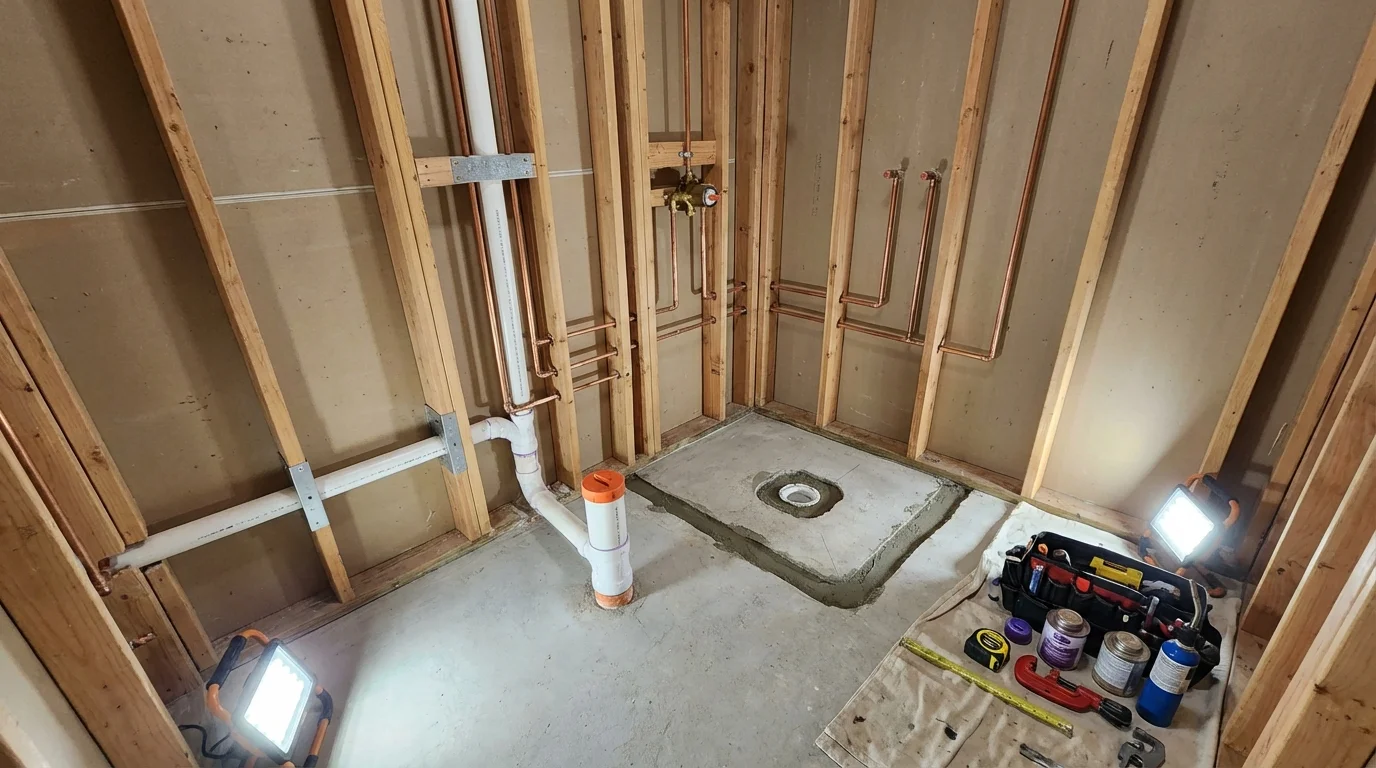 Bathroom rough-in plumbing during remodel by Johns Plumbing LLC in Dennis Port