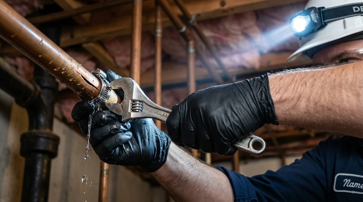 Emergency pipe clamp repair being performed by a Johns Plumbing LLC plumber in Dennis Port