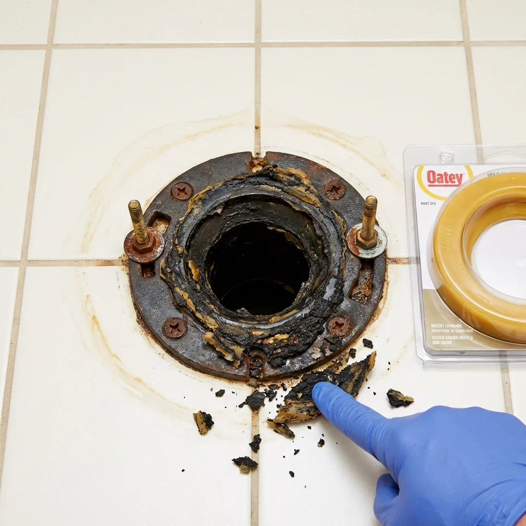 Failed wax ring showing water seepage at the base of a toilet in a Dennis Port, MA home