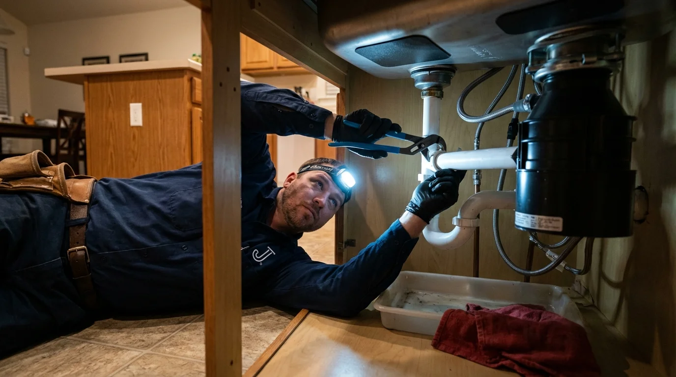 P-trap and supply line connections under a kitchen sink showing a common leak point in Dennis Port, MA